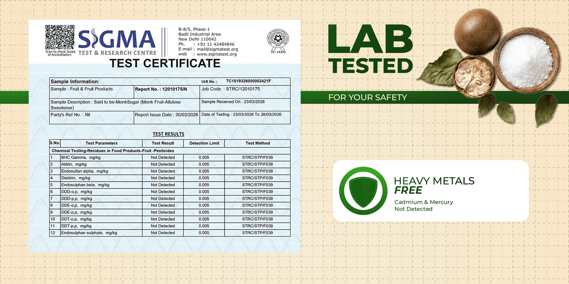 Sigma Test & Research Centre certificate showing MonkSugar is free of heavy metals — cadmium and mercury not detected.
