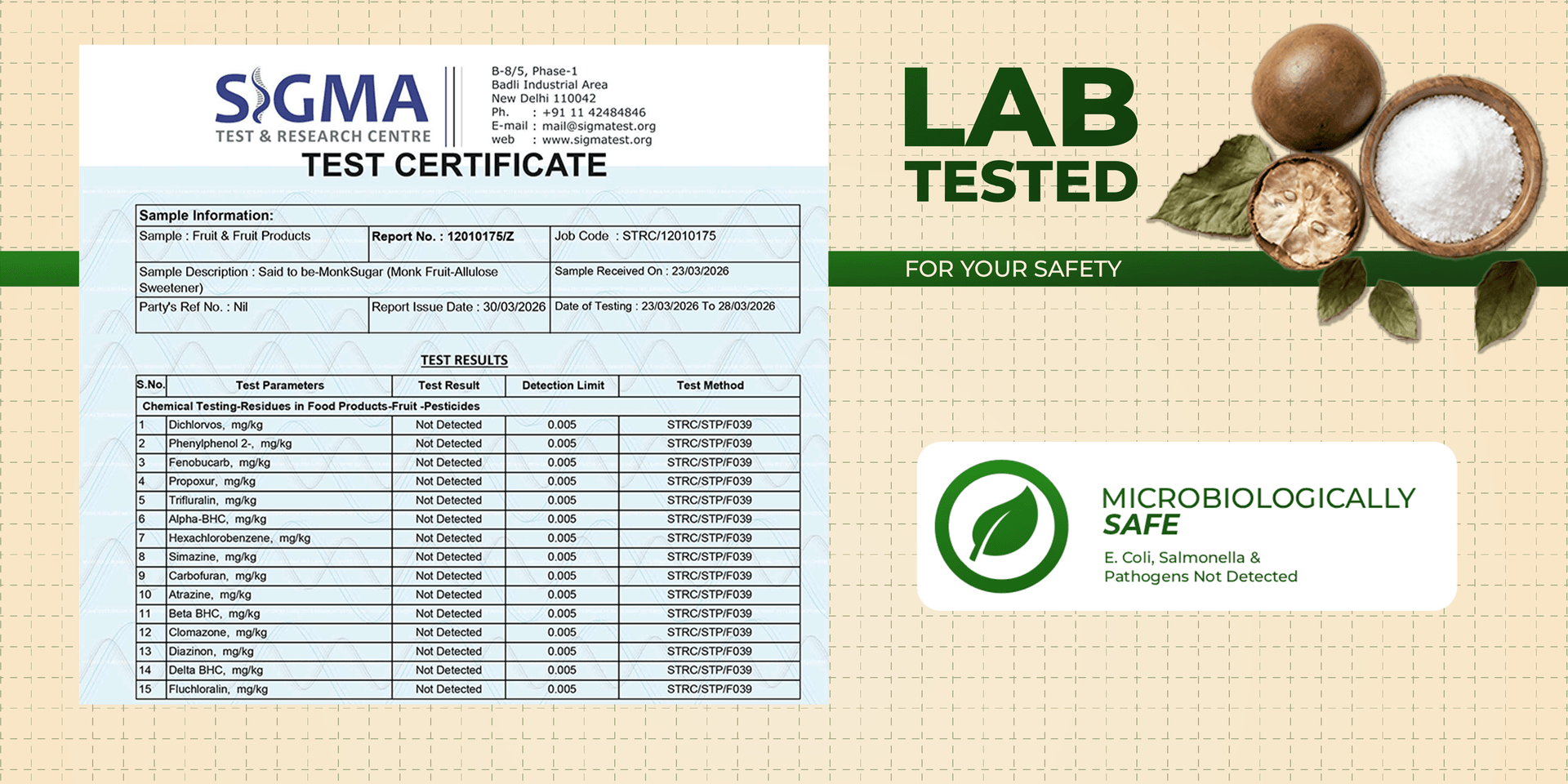 Sigma Test & Research Centre certificate showing MonkSugar is microbiologically safe — E. coli, Salmonella and pathogens not detected.