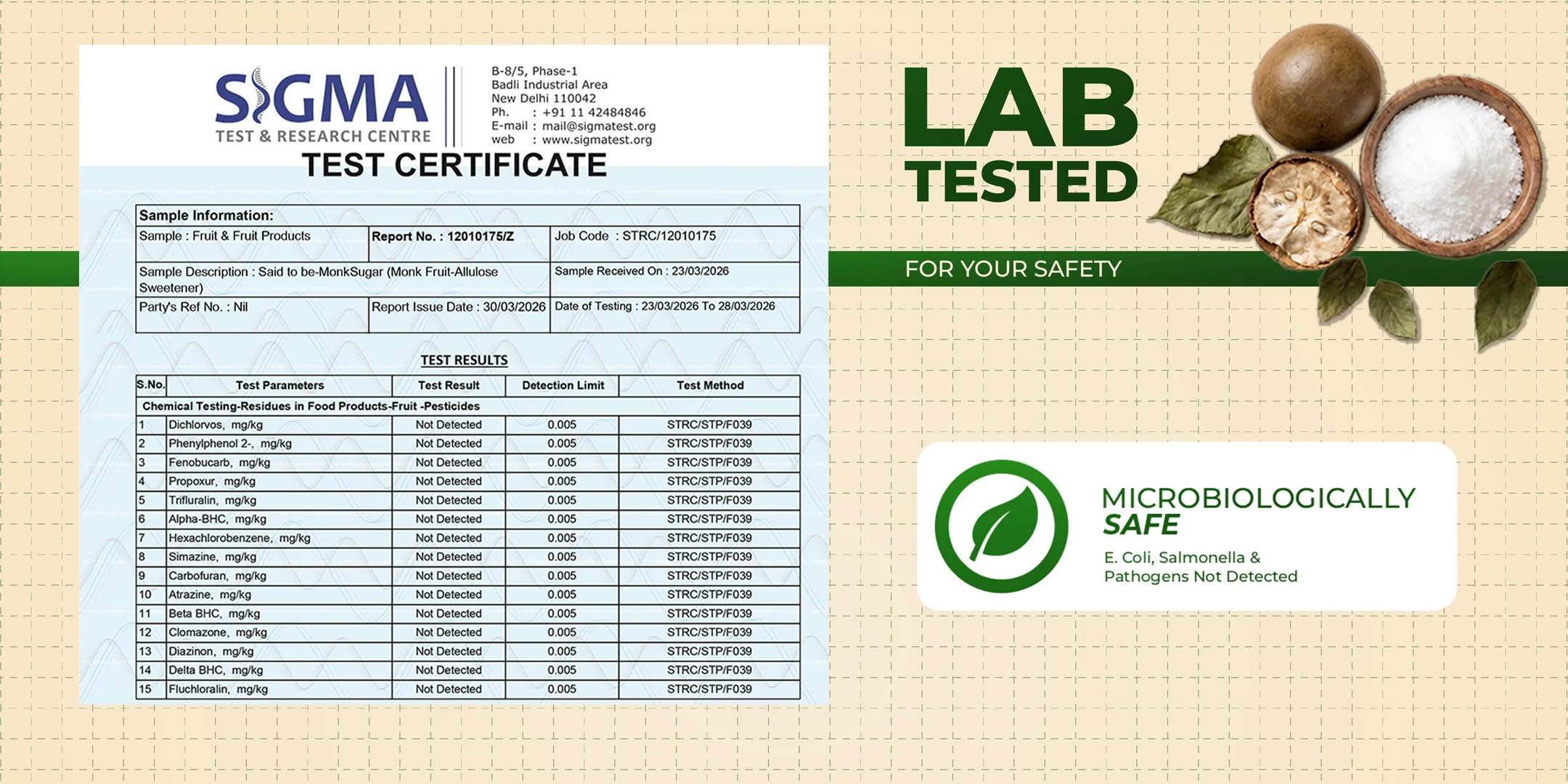 Lab tested for safety — Sigma test certificate showing MonkSugar is microbiologically safe (E. coli, Salmonella & pathogens not detected)
