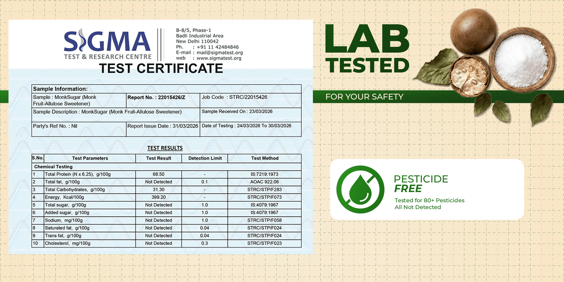 Lab tested for safety — Sigma test certificate showing MonkSugar is pesticide free (60+ pesticides not detected)