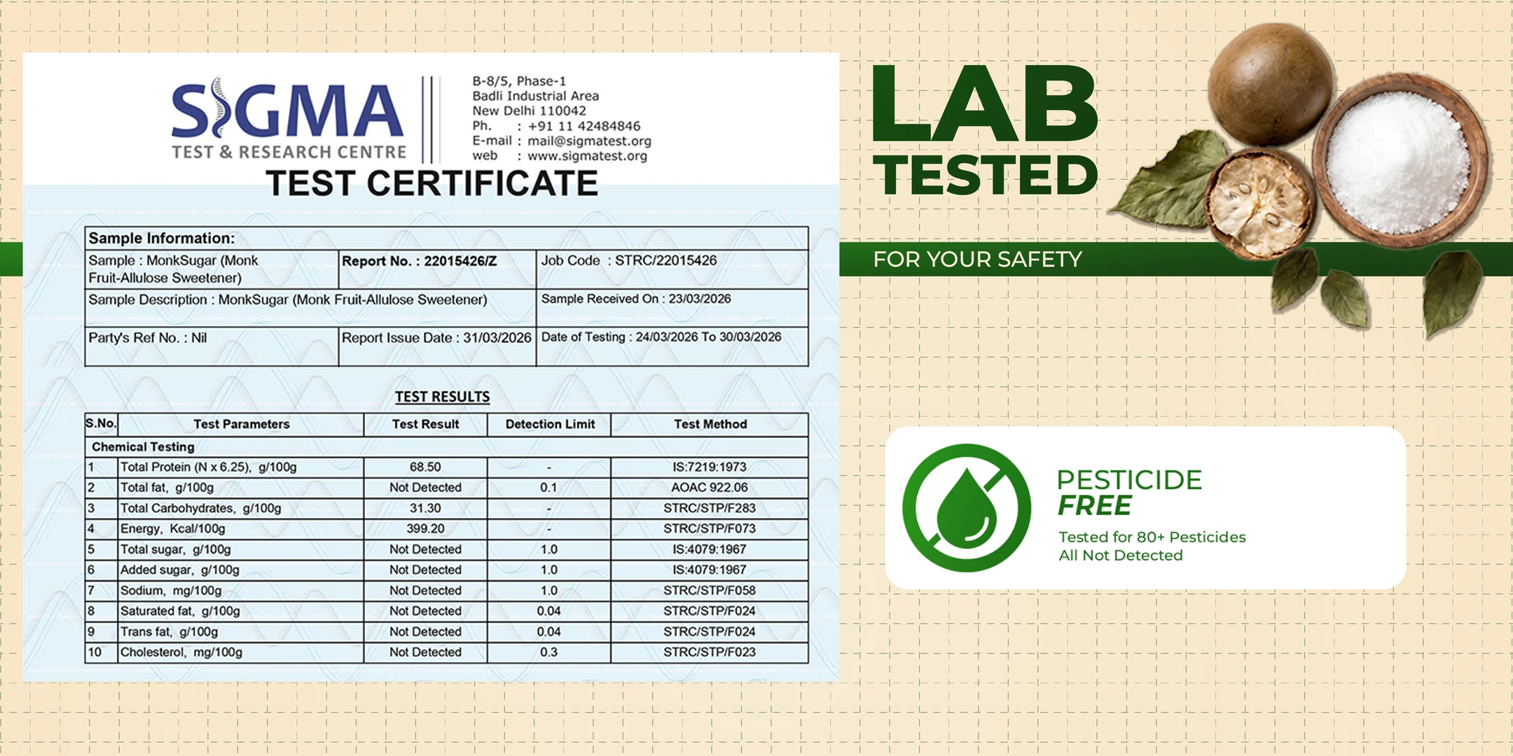 Lab tested for safety — Sigma test certificate showing MonkSugar is pesticide free (60+ pesticides not detected)