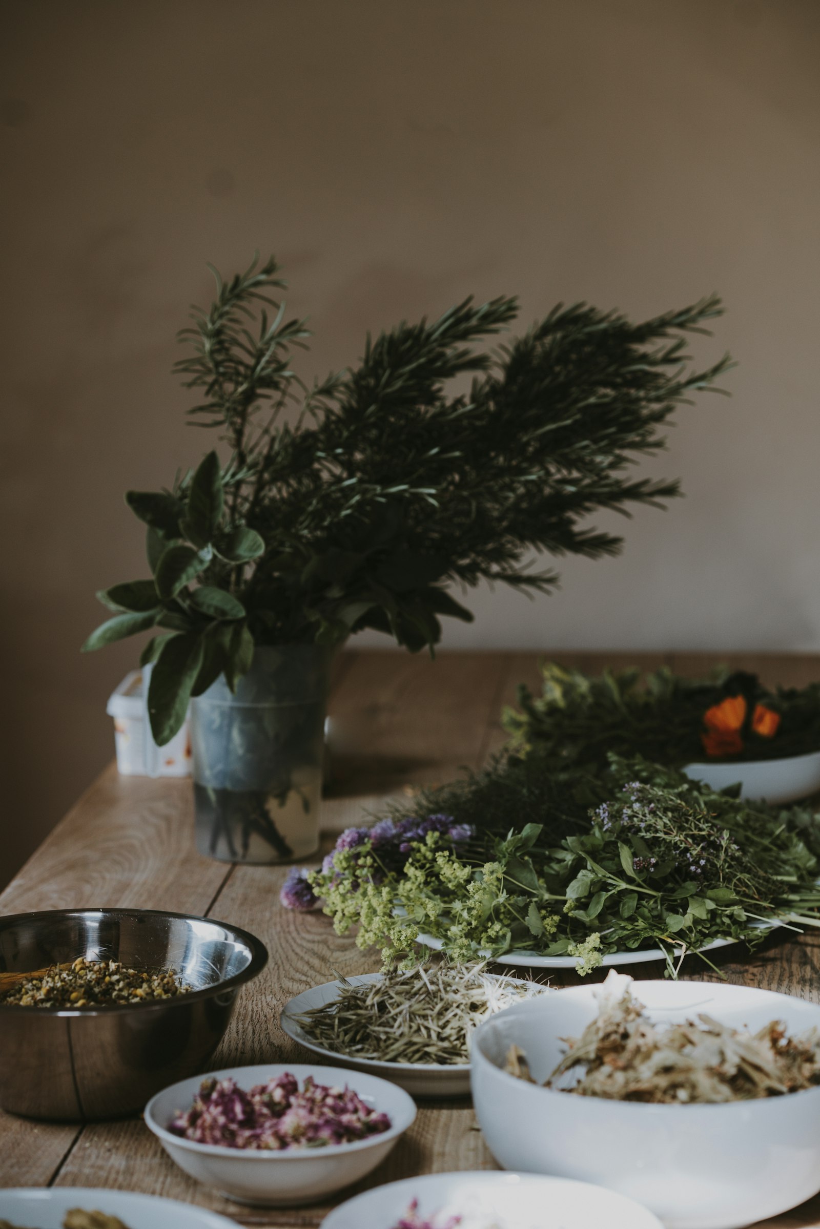 A spread of fresh herbs and vegetables