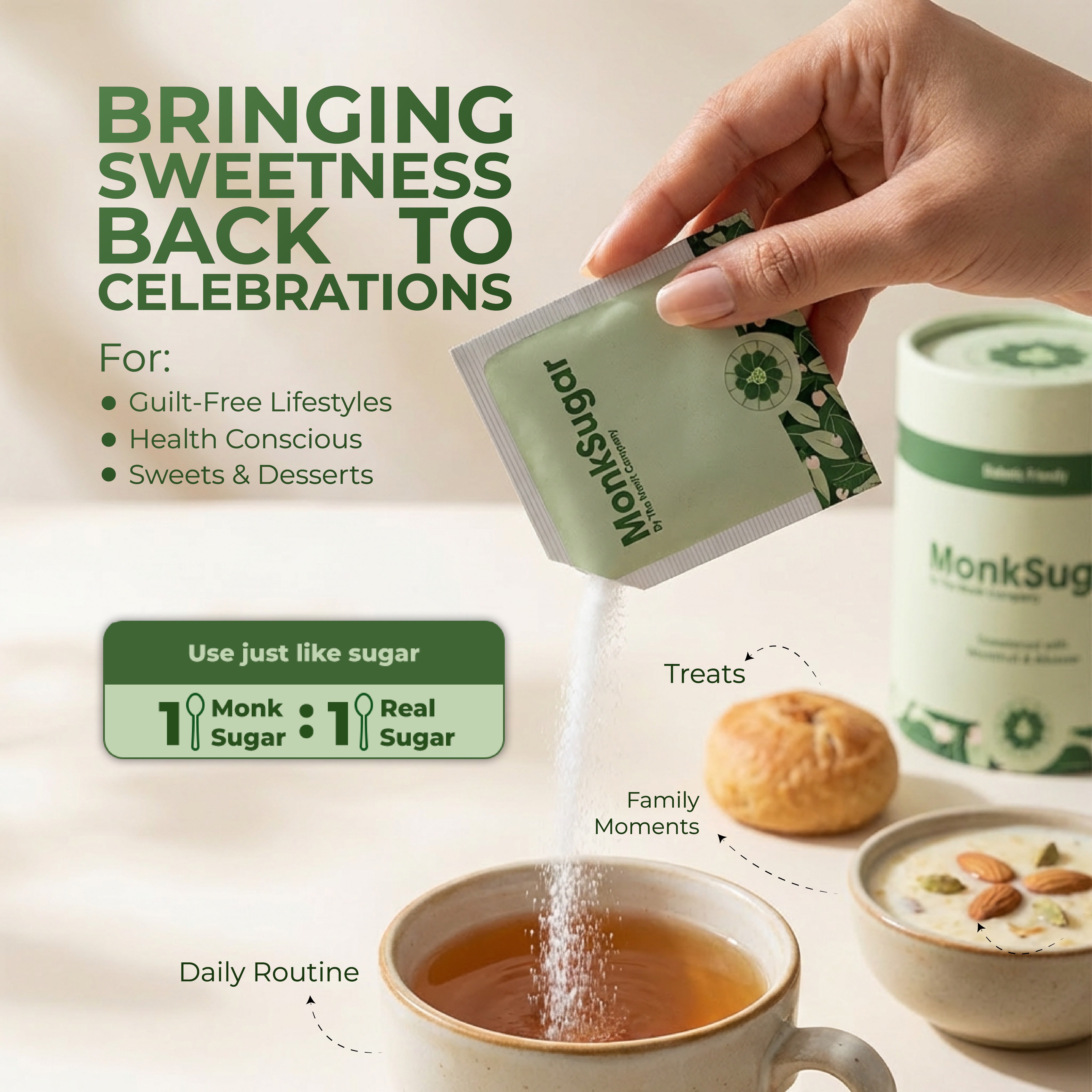 MonkSugar । Sachet Box । 1:1 Sweetener । 300 gms thumbnail 3